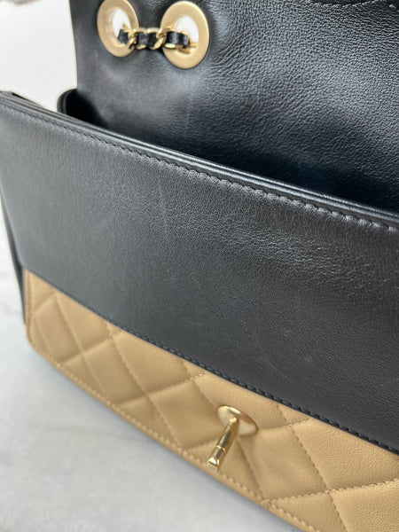 CHANEL Beige/Black Calfskin Quilted Medium Graphic Flap Shoulder/Crossbody Bag