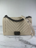 CHANEL Matte Beige Clair Caviar Chevron Large Boy Crossbody/Shoulder Bag