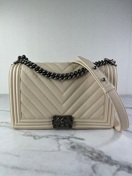 CHANEL Matte Beige Clair Caviar Chevron Large Boy Crossbody/Shoulder Bag