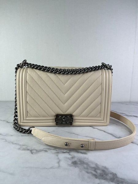 CHANEL Matte Beige Clair Caviar Chevron Large Boy Crossbody/Shoulder Bag