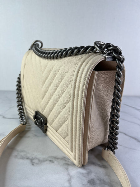 CHANEL Matte Beige Clair Caviar Chevron Large Boy Crossbody/Shoulder Bag