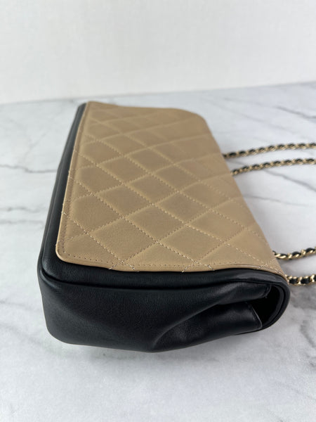CHANEL Beige/Black Calfskin Quilted Medium Graphic Flap Shoulder/Crossbody Bag