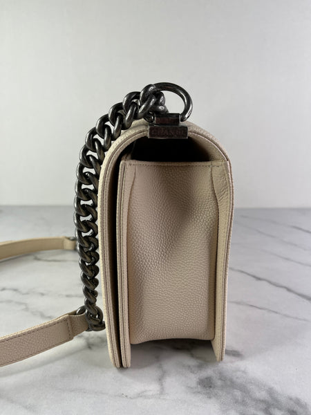 CHANEL Matte Beige Clair Caviar Chevron Large Boy Crossbody/Shoulder Bag