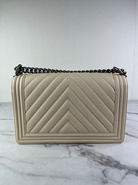 CHANEL Matte Beige Clair Caviar Chevron Large Boy Crossbody/Shoulder Bag