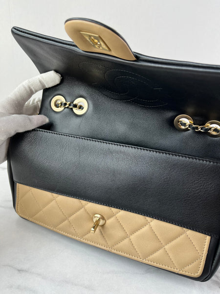 CHANEL Beige/Black Calfskin Quilted Medium Graphic Flap Shoulder/Crossbody Bag