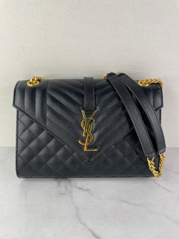 SAINT LAURENT Black ENVELOPE MEDIUM BAG IN MIX MATELASSÉ GRAIN DE POUDRE EMBOSSED LEATHER Crossbody/Shoulder Bag