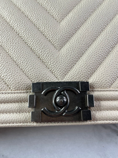 CHANEL Matte Beige Clair Caviar Chevron Large Boy Crossbody/Shoulder Bag