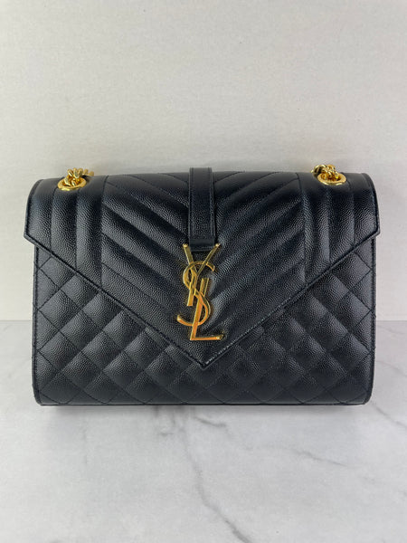 SAINT LAURENT Black ENVELOPE MEDIUM BAG IN MIX MATELASSÉ GRAIN DE POUDRE EMBOSSED LEATHER Crossbody/Shoulder Bag