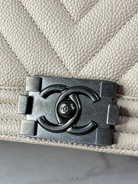CHANEL Matte Beige Clair Caviar Chevron Large Boy Crossbody/Shoulder Bag