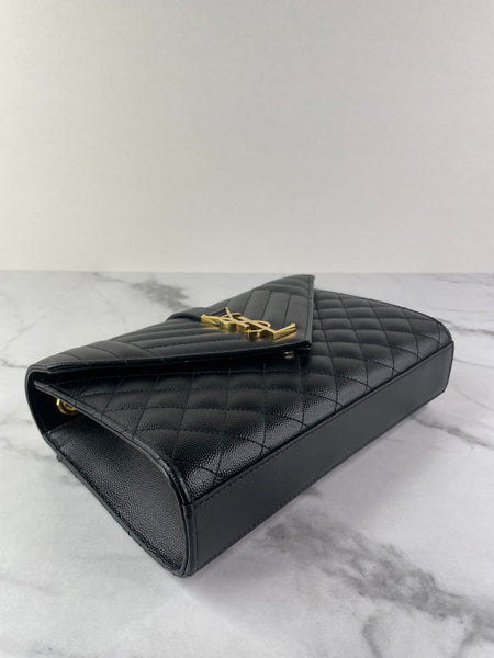 SAINT LAURENT Black ENVELOPE MEDIUM BAG IN MIX MATELASSÉ GRAIN DE POUDRE EMBOSSED LEATHER Crossbody/Shoulder Bag