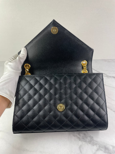 SAINT LAURENT Black ENVELOPE MEDIUM BAG IN MIX MATELASSÉ GRAIN DE POUDRE EMBOSSED LEATHER Crossbody/Shoulder Bag