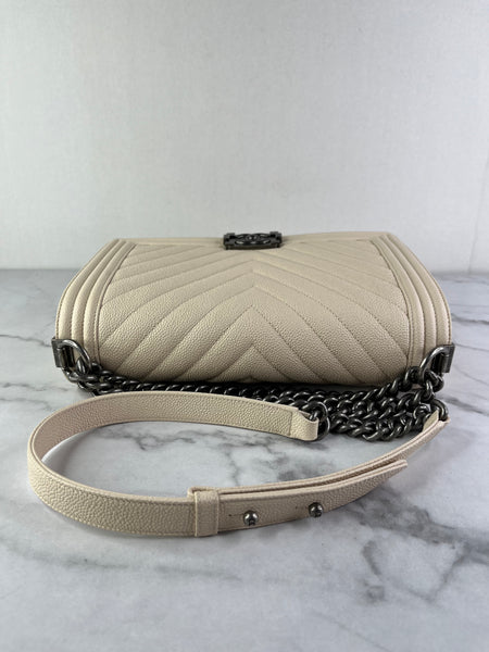 CHANEL Matte Beige Clair Caviar Chevron Large Boy Crossbody/Shoulder Bag
