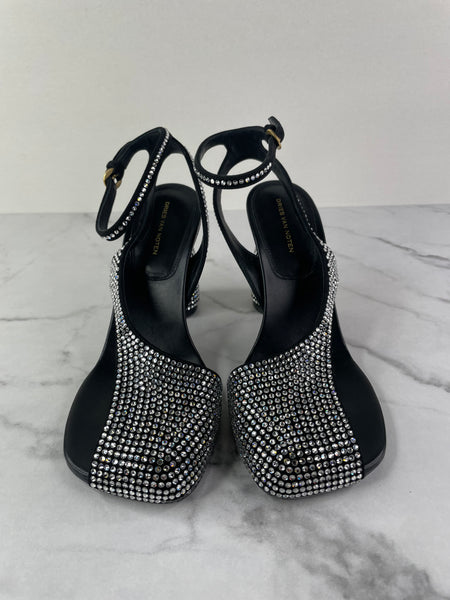 DRIES VAN NOTEN Black Embellished Leather Heeled Sandals Size 37.5
