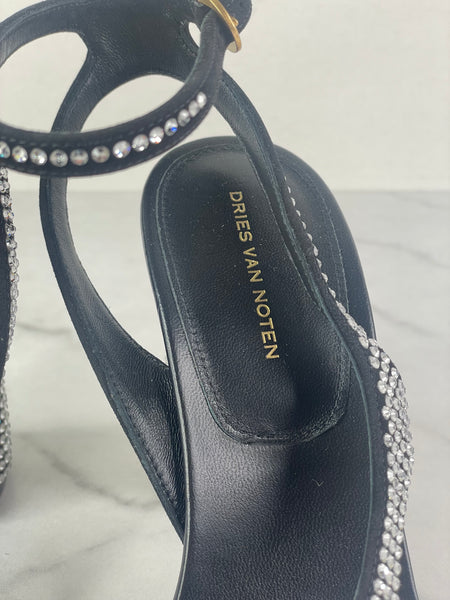 DRIES VAN NOTEN Black Embellished Leather Heeled Sandals Size 37.5