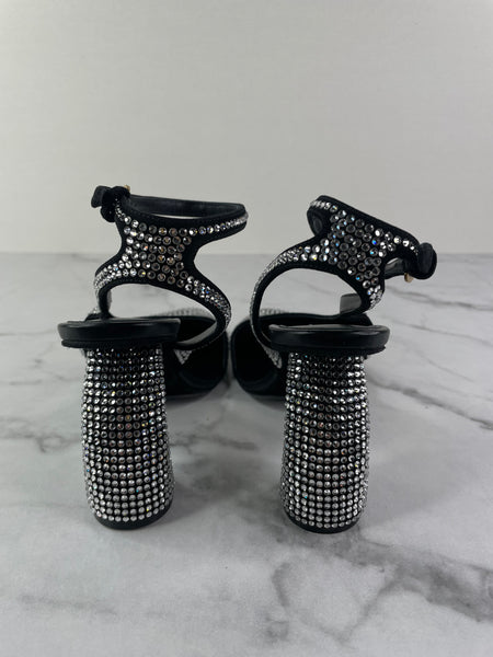 DRIES VAN NOTEN Black Embellished Leather Heeled Sandals Size 37.5
