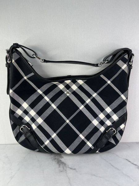 BURBERRY Black/White Nova Check Canvas and Leather Buckle Hobo Shoulder Bag