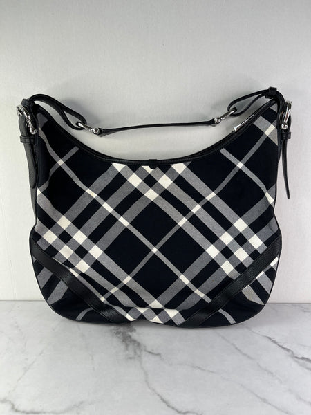 BURBERRY Black/White Nova Check Canvas and Leather Buckle Hobo Shoulder Bag