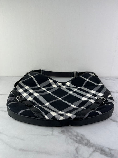 BURBERRY Black/White Nova Check Canvas and Leather Buckle Hobo Shoulder Bag
