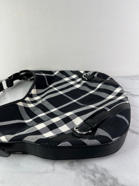 BURBERRY Black/White Nova Check Canvas and Leather Buckle Hobo Shoulder Bag