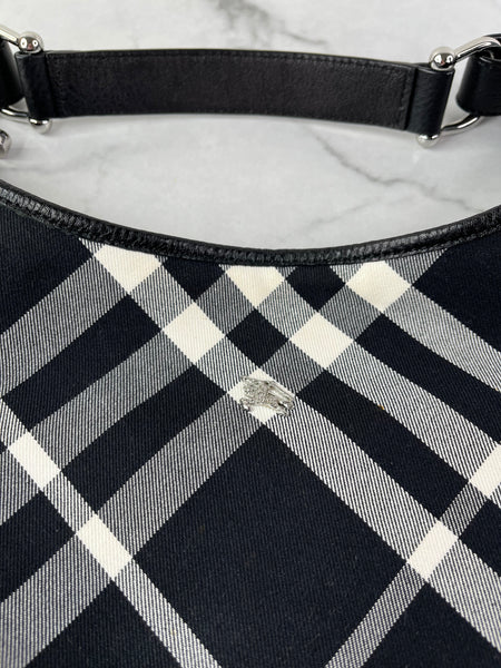 BURBERRY Black/White Nova Check Canvas and Leather Buckle Hobo Shoulder Bag