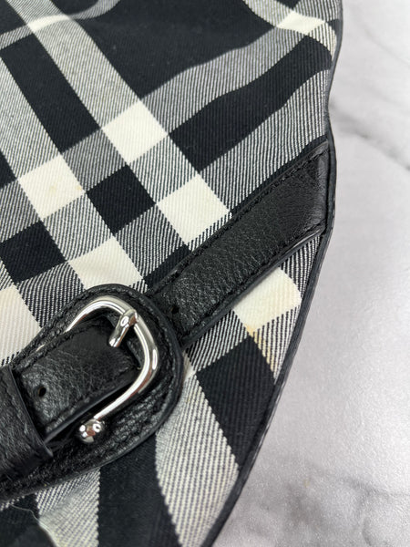 BURBERRY Black/White Nova Check Canvas and Leather Buckle Hobo Shoulder Bag