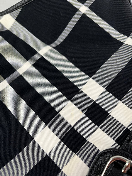 BURBERRY Black/White Nova Check Canvas and Leather Buckle Hobo Shoulder Bag