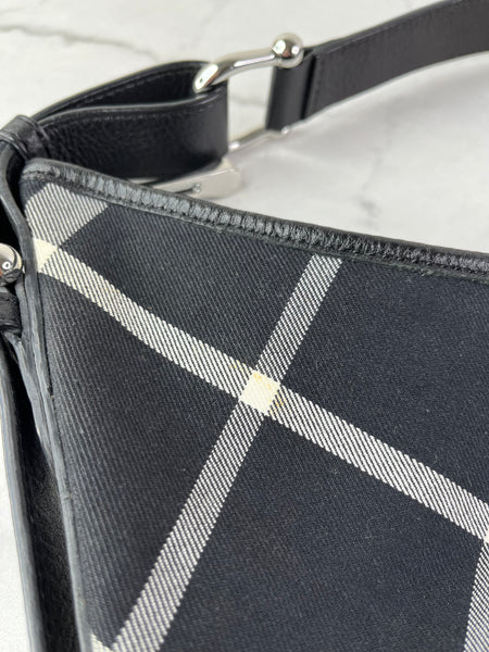 BURBERRY Black/White Nova Check Canvas and Leather Buckle Hobo Shoulder Bag