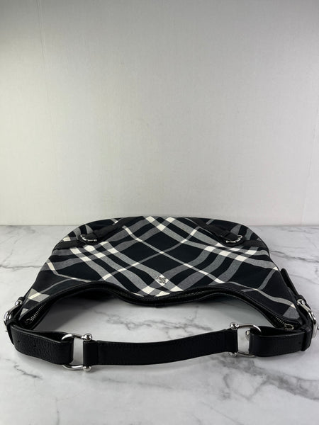 BURBERRY Black/White Nova Check Canvas and Leather Buckle Hobo Shoulder Bag
