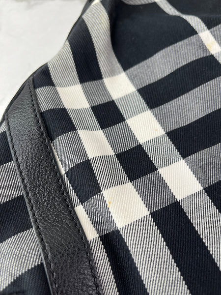 BURBERRY Black/White Nova Check Canvas and Leather Buckle Hobo Shoulder Bag