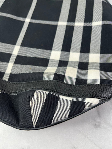 BURBERRY Black/White Nova Check Canvas and Leather Buckle Hobo Shoulder Bag