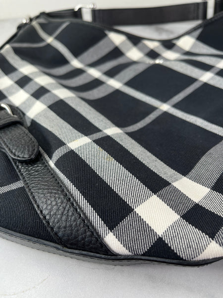 BURBERRY Black/White Nova Check Canvas and Leather Buckle Hobo Shoulder Bag