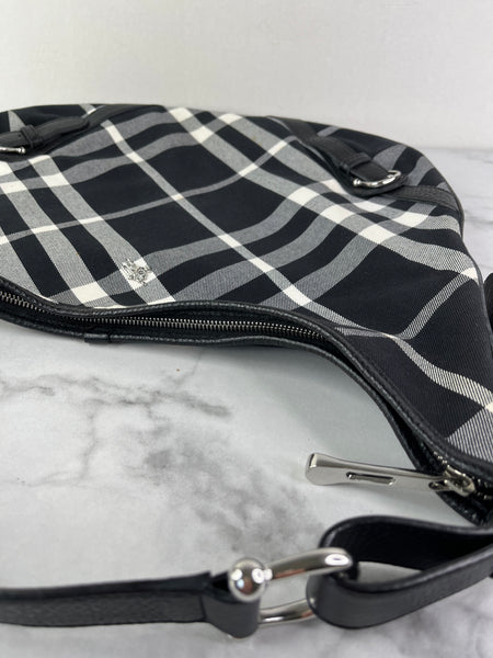 BURBERRY Black/White Nova Check Canvas and Leather Buckle Hobo Shoulder Bag