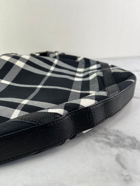 BURBERRY Black/White Nova Check Canvas and Leather Buckle Hobo Shoulder Bag