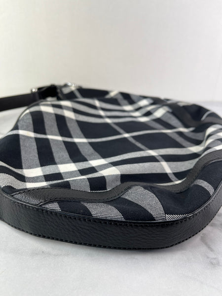 BURBERRY Black/White Nova Check Canvas and Leather Buckle Hobo Shoulder Bag