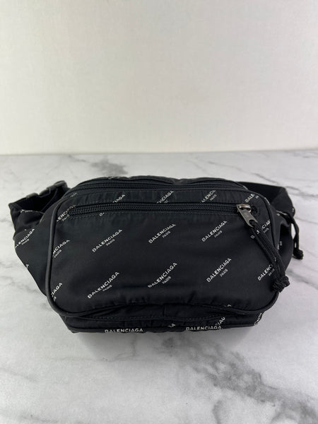 Balenciaga Black/White Nylon Allover Logo Explorer Belt Bag