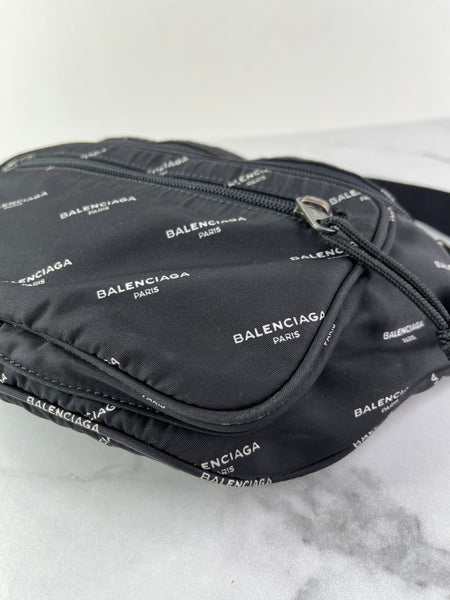 Balenciaga Black/White Nylon Allover Logo Explorer Belt Bag