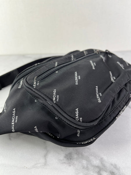 Balenciaga Black/White Nylon Allover Logo Explorer Belt Bag