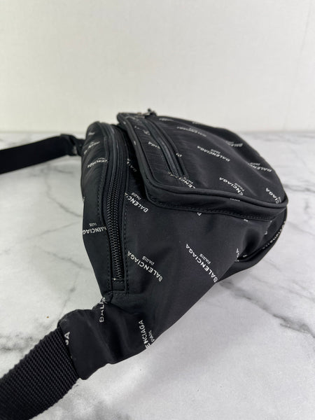Balenciaga Black/White Nylon Allover Logo Explorer Belt Bag
