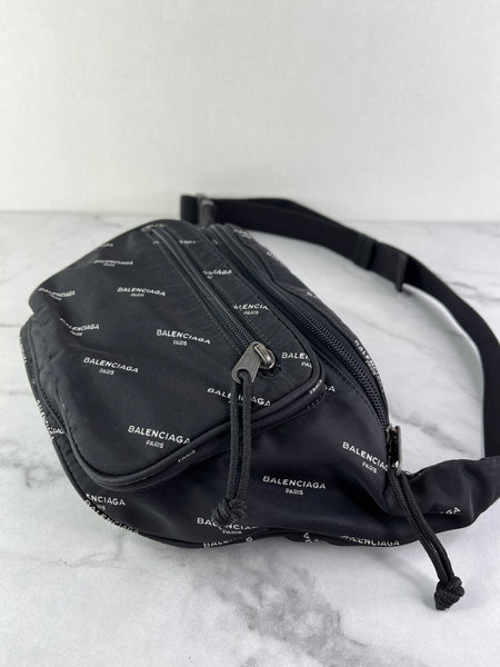 Balenciaga Black/White Nylon Allover Logo Explorer Belt Bag
