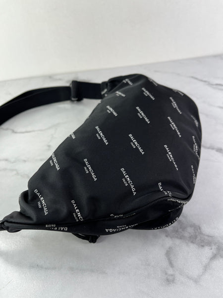 Balenciaga Black/White Nylon Allover Logo Explorer Belt Bag