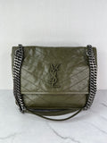 SAINT LAURENT Military Olive Crinkled Lambskin Matelasse Monogram Medium Niki Chain Shoulder/Crossbody Bag
