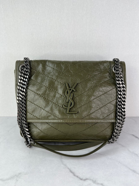 SAINT LAURENT Military Olive Crinkled Lambskin Matelasse Monogram Medium Niki Chain Shoulder/Crossbody Bag