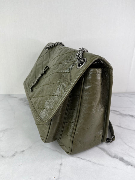 SAINT LAURENT Military Olive Crinkled Lambskin Matelasse Monogram Medium Niki Chain Shoulder/Crossbody Bag