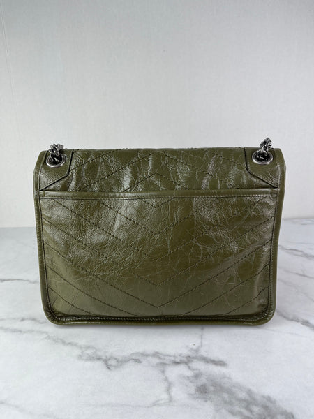 SAINT LAURENT Military Olive Crinkled Lambskin Matelasse Monogram Medium Niki Chain Shoulder/Crossbody Bag