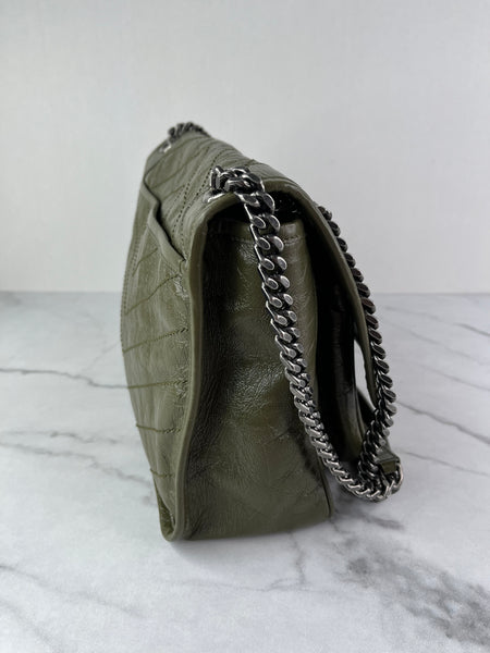 SAINT LAURENT Military Olive Crinkled Lambskin Matelasse Monogram Medium Niki Chain Shoulder/Crossbody Bag
