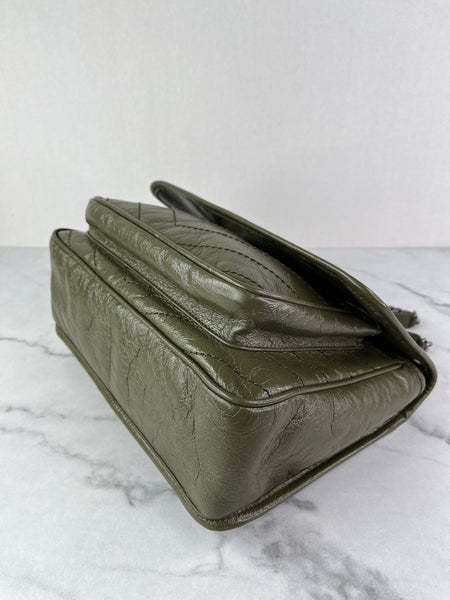SAINT LAURENT Military Olive Crinkled Lambskin Matelasse Monogram Medium Niki Chain Shoulder/Crossbody Bag