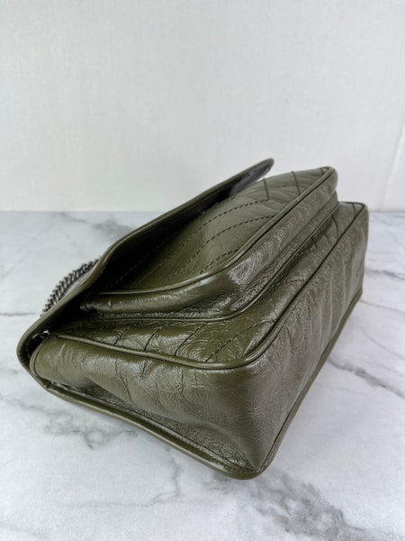 SAINT LAURENT Military Olive Crinkled Lambskin Matelasse Monogram Medium Niki Chain Shoulder/Crossbody Bag