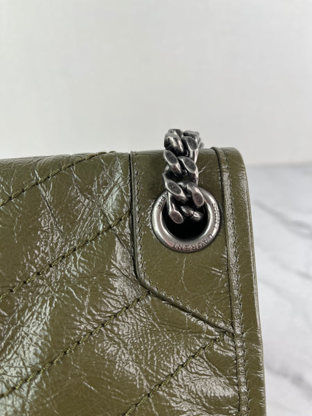 SAINT LAURENT Military Olive Crinkled Lambskin Matelasse Monogram Medium Niki Chain Shoulder/Crossbody Bag
