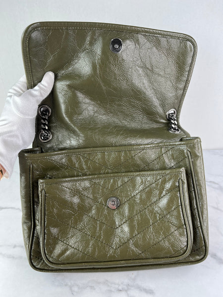 SAINT LAURENT Military Olive Crinkled Lambskin Matelasse Monogram Medium Niki Chain Shoulder/Crossbody Bag