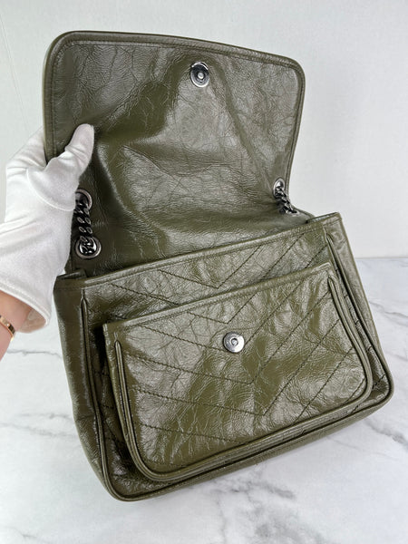 SAINT LAURENT Military Olive Crinkled Lambskin Matelasse Monogram Medium Niki Chain Shoulder/Crossbody Bag